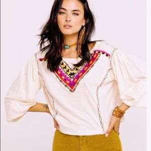 Free People Boho Ivory Blouse with Embroidery Sz L